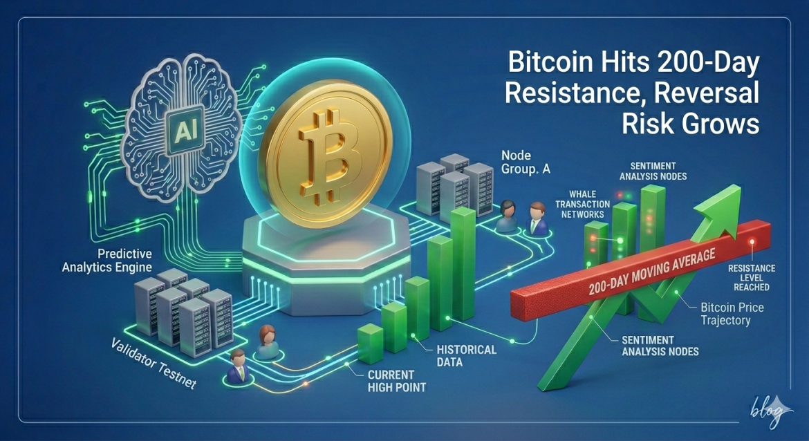 A 3D isometric conceptual illustration against a blue background, showing a gold Bitcoin coin and a glowing green neural network brain labeled 'PREDICTIVE ANALYTICS ENGINE'. Data lines link to validator testnet clusters and human figures. A rising green bar chart shows 'HISTORICAL DATA' and 'SENTIMENT ANALYSIS NODES'. Integrated over this is a prominent red horizontal bar labeled '200-DAY MOVING AVERAGE' and 'RESISTANCE LEVEL REACHED'. From this data point, a dramatic downward-trending curved green data arrow points to the ground, labeled 'Bitcoin Price Trajectory Reversal Risk'. Large white text declares: 'Bitcoin Hits 200-Day Resistance, Reversal Risk Grows'.