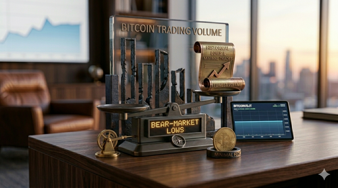 A custom dark metal 'volume flow' device on an executive desk at twilight, showing skeletal volume bars and an empty, descending scale pan. A balancing scale holds a metallic document titled 'HISTORICAL LOWS & MINIMAL TRADES'. An LED display below says 'BEAR-MARKET LOWS'. A tablet with a flat blue line chart is nearby in a calm, professional office.