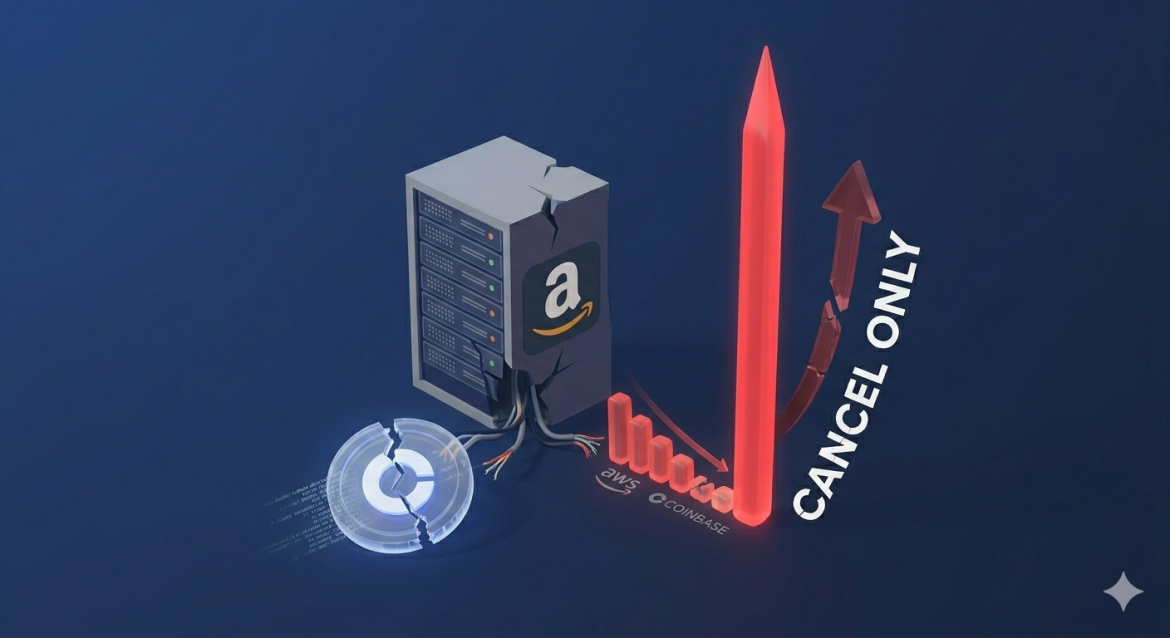 A 3D cryptocurrency bar chart showing a sharp red spike labeled 'CANCEL ONLY' following a series of red bars labeled with the AWS and Coinbase logos, visualizing the AWS outage hitting Coinbase.