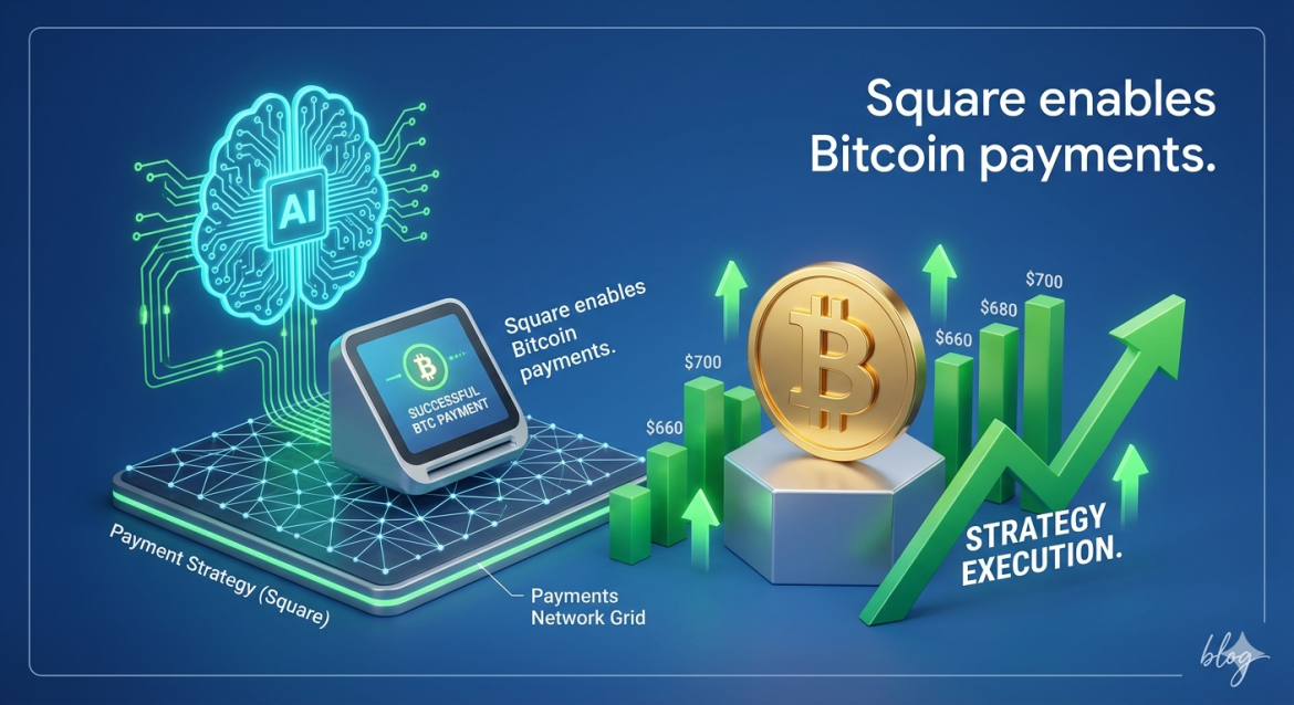 A futuristic conceptual illustration on a deep blue background. On the left, a platform holds a glowing cyan human-AI brain and circuit board connected to a square-shaped card reader terminal that displays 'SUCCESSFUL BTC PAYMENT'. Next to it, white text says, 'Square enables Bitcoin payments.' On the right, a gold Bitcoin (₿) token on a pedestal is surrounded by a rising green bar chart with price points ($700, $680, $660) and green upward arrows. The massive green upward chart arrow contains the white text, 'STRATEGY EXECUTION.' Large white text in the top-right quadrant reads: 'Square enables Bitcoin payments.'