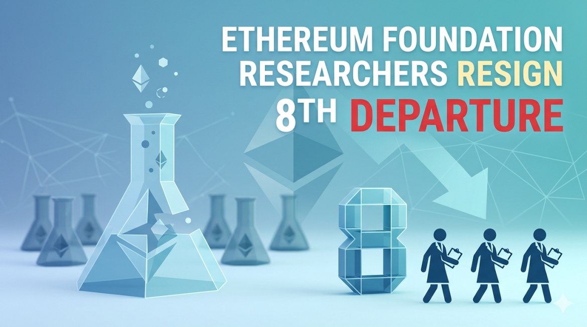 Infographic detailing the departure of eight key Ethereum Foundation researchers, featuring a large broken flask, small flasks with ETH logos, a crystalline "8", and four departing researcher silhouetter, with text panels quantifying the losses.