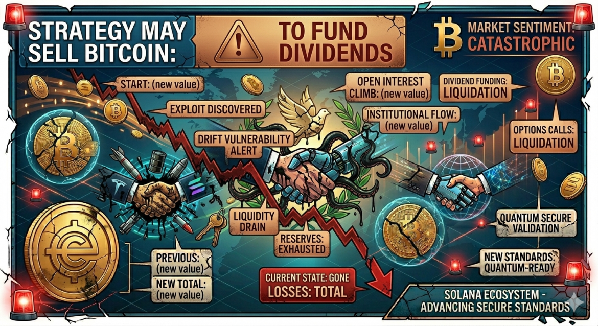 A detailed isometric infographic with a dark, distressed color scheme of coppery-gold, deep red, and dark charcoal grey, visualizing a DeFi project shutdown. It features prominent text banners "STRATEGY MAY SELL BITCOIN: TO FUND DIVIDENDS" with a massive downward red data stream line crashing violently, connecting fractured and distressed handshakes surrounded by oily tentacles and broken military/state symbols. Integrated data callouts trace the collapse: "EXPLOIT DISCOVERED," "DRIFT VULNERABILITY ALERT," "LIQUIDITY DRAIN," "RESERVES: EXHAUSTED," leading to a deep peak with "CURRENT STATE: GONE" and "LOSSES: TOTAL." The scene has a cracked world map data grid dotted with red emergency sirens, tarnished gold Bitcoin icons in cracked spheres, and a falling coppery Carrot-logo symbol. Banners on the right specify "MARKET SENTIMENT: CATASTROPHIC," "DIVIDEND FUNDING: LIQUIDATION," "QUANTUM SECURE VALIDATION," "NEW STANDARDS: QUANTUM-READY," and at the bottom, "SOLANA ECOSYSTEM - ADVANCING SECURE STANDARDS." All text is clear.