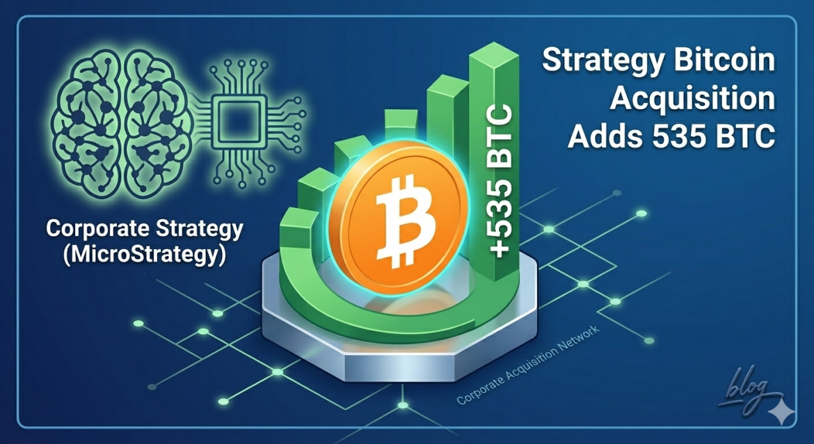 A conceptual 3D isometric illustration with a dark blue background. To the left, an artificial intelligence brain and circuit board glow in green, labeled 'Corporate Strategy (MicroStrategy)'. Centered, a gold Bitcoin (₿) coin sits on a pedestal surrounded by a rising green bar chart. The chart features green upward-trending arrows and text within the columns, including '+535 BTC', signifying acquisition. In the top right, white text reads: 'Strategy Bitcoin Acquisition Adds 535 BTC'. A grid of green data connections forms a network. The overall composition is clean and focused, suitable as a blog featured image.