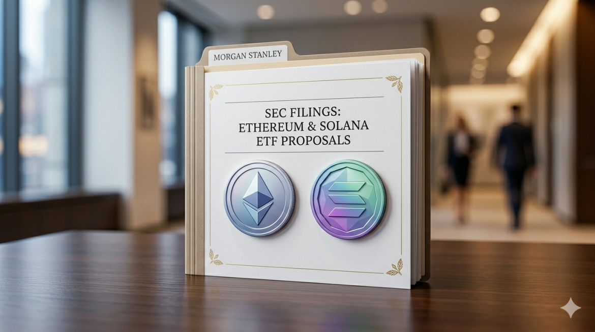 A formal Morgan Stanley physical file folder, open on a modern desk, containing documents for Ethereum and Solana ETF filings, with large embossed ETH and SOL logos. Blurred professional office background.