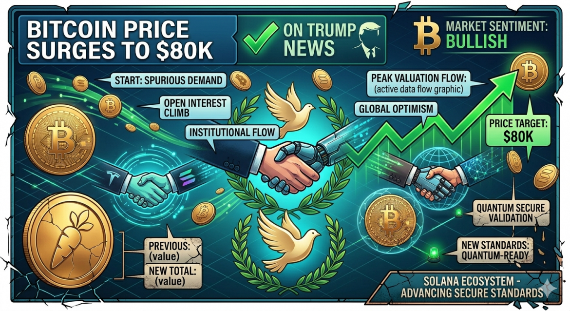 A futuristic digital infographic with a dominant blue and green palette and gold accents, visualizing "BITCOIN PRICE SURGES TO $80K ON TRUMP NEWS." The main header panel features a Trump silhouette and green checkmark. A dynamic upward trend graph line, integrated with callouts like "INSTITUTIONAL BUY: $1.5B" and "GLOBAL OPTIMISM," culminates in a large gold Bitcoin with "PRICE TARGET: $80K." The central conceptual handshake between human and robot hands with a Solana motif is flanked by laurel wreaths and a peace dove, replacing previous distress. Polished gold Bitcoin and Solana tokens float through the high-tech data landscape. Right-side and bottom banners show clean, polished text for "QUANTUM SECURE VALIDATION," "NEW STANDARDS: QUANTUM-READY," and "SOLANA ECOSYSTEM - ADVANCING SECURE STANDARDS." The number '46' or '$37K' from previous images is not present.