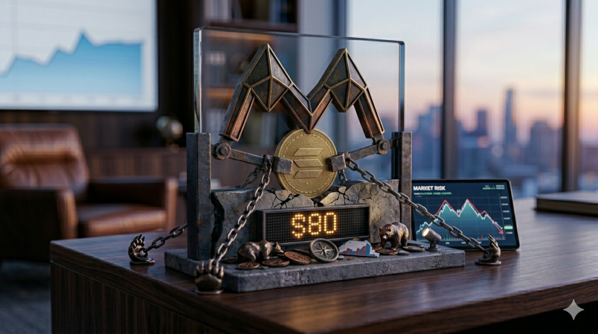 A custom dark metal and glass 'market risk' device on an executive desk at twilight, showing a fracturing brass Solana 'double top' pattern crushing a massive Solana coin. An LED display below shows '$80' as a critical precipice. A tablet with a chart is nearby in a professional, slightly dim office.