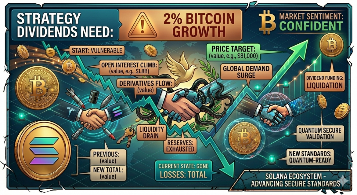 A detailed isometric infographic with a cautious blue-teal and coppery-gold color scheme, analyzing Bitcoin futures demand. Titled "STRATEGY DIVIDENDS NEED: 2% BITCOIN GROWTH," it features a prominent coppery graph line tracing key market milestones like "SPURIOUS DEMAND," "OPEN INTEREST DECLINE," and "LEVERAGE UNWIND" towards a "LACKING" current demand. A central illustrative handshake between two cybernetic hands is below the graph, framed by laurel wreaths and a white dove, replacing previous distress. Polished gold Bitcoin and Solana tokens float through the high-tech data landscape. Right-side and bottom banners show clean, polished text for "QUANTUM SECURE VALIDATION," "NEW STANDARDS: QUANTUM-READY," and "SOLANA ECOSYSTEM - ADVANCING SECURE STANDARDS." All other text from prior images like "$1.5B BUY" or "STALLED STATUS" are removed. Text is crisp and dominant. The title is clear and central. Red sirens are removed and replaced with clean data lights. The number '46' or '$37K' from previous images is not present. All text is clear.