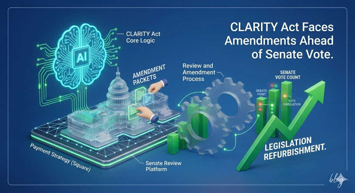 A conceptual 3D isometric illustration of the US Capitol building made of transparent glass, set on a blue platform with a glowing green neural network representing 'CLARITY Act Core Logic' (labeled). Miniature hands within the building edit 'AMENDMENT PACKETS' (labeled), connected to a large gear-driven 'Review and Amendment Process' (labeled). To the right, a rising green graph with small lights shows 'SENATE VOTE COUNT' and 'VOTE SIMULATION' (labeled). A large green arrow is labeled 'LEGISLATION REFURBISHMENT' (labeled). Large white text declares: 'CLARITY Act Faces Amendments Ahead of Senate Vote'.