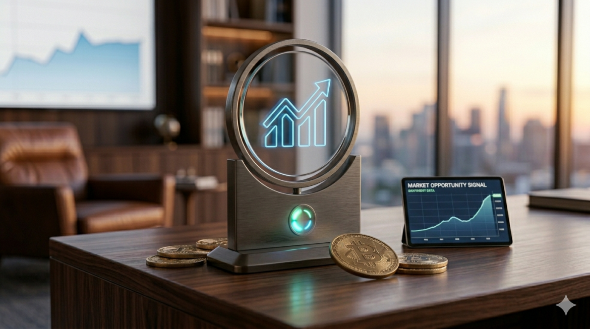 A custom dark metal and glass 'signal' device with a glowing upward graph symbol sits on an executive desk at twilight, next to a tablet showing a market opportunity chart and Santiment data. Bitcoin coins are scattered nearby in a professional, slightly dim office.