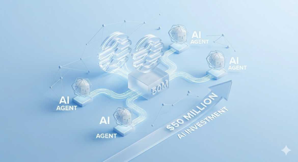 A clean, text-free, isometric 3D visualization of a future-tech AI network. Central glass computing clusters and stylized human AI head models are connected by light paths. A clean, sweeping light arrow indicates a long-term growth trajectory. On a soft light-blue background.