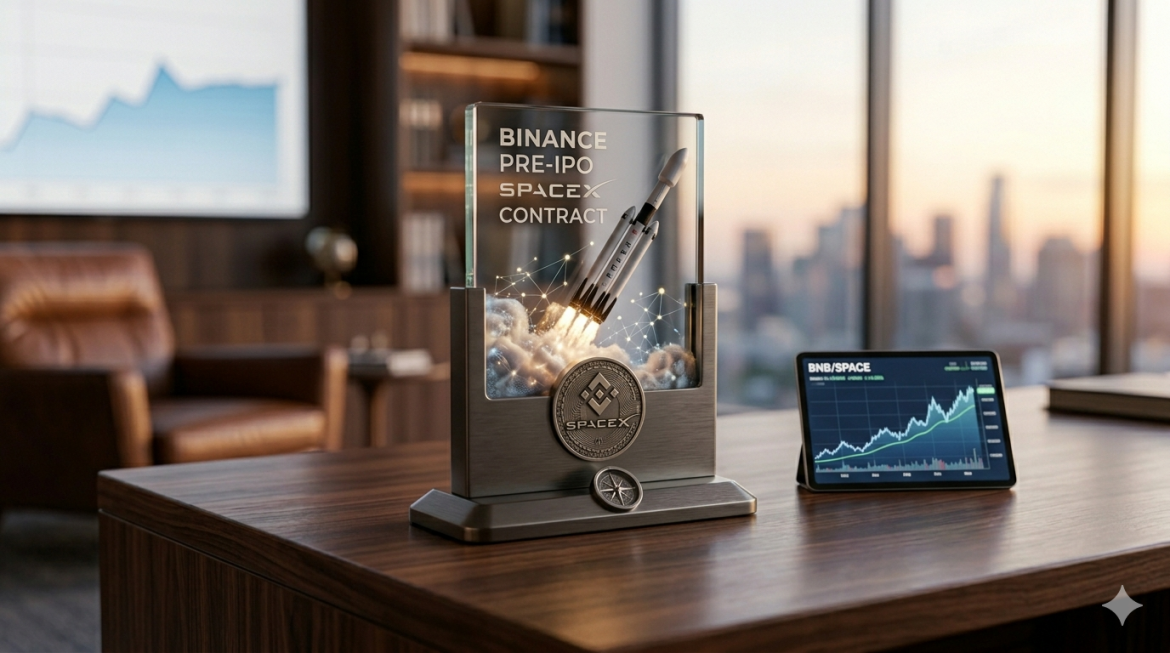 A commorative physical display on an executive desk, featuring a SpaceX Falcon 9 model and integrated Binance and SpaceX logos. A tablet screen nearby shows an upward financial chart in a professional office.