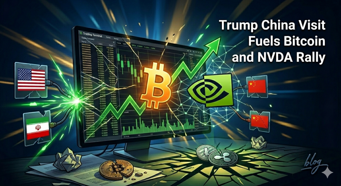 A dramatic conceptual illustration, inspired by image_35.png, set against a volatile dark blue and gold-streaked visually field. In the center, a large, glowing gold-orange Bitcoin (₿) logo trends rapidly upwards, pushing a green data-line spike that replaces the original red crash. To its right, a large, stylized green and black NVIDIA (NVDA) 'eye' logo also trends steeply upwards, following a similar green trajectory. The entire chart screen is fractured and breaking apart, with multiple intersecting green data lines replacing the red. Broken replica coins and crumpled papers lie on a messy desk. The fractured US and Iranian flag panels remain, but with powerful green data cables glowing, representing successful negotiations. A new panel with a tiny Chinese flag icon is added, connected to the grid, indicating the China visit. In the upper right quadrant, replacement text reads: "Trump China Visit Fuels Bitcoin and NVDA Rally." The scene feels explosive and volatile.