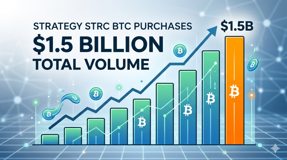 A clean, modern cryptocurrency infographic chart showing a bar graph of escalating green and teal stacks of Bitcoin (BTC) coins over time, with an upward-trending blue arrow. The final, tallest orange bar is marked "1.5B" and is labeled "TOTAL VALUE." Text at the top reads "BTC GROWTH STRATEGY" and "GROWTH OVER TIME." The background is a futuristic blue grid with floating network nodes and glowing coins.