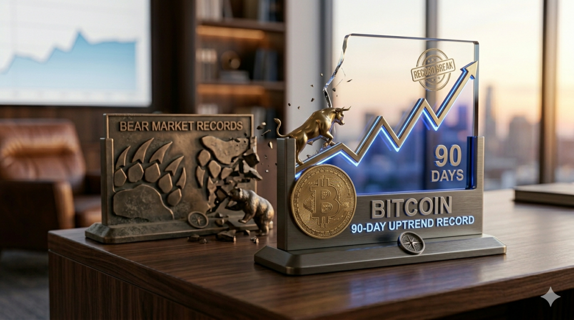 A commorative physical display on an executive desk, featuring a massive brushed brass Bitcoin coin and a glowing sapphire chart line that has physically shattered a series of old, dusty bronze bear market record displays. A triumphant bronze bull figure stands above a recoiling bronze bear in a professional office.