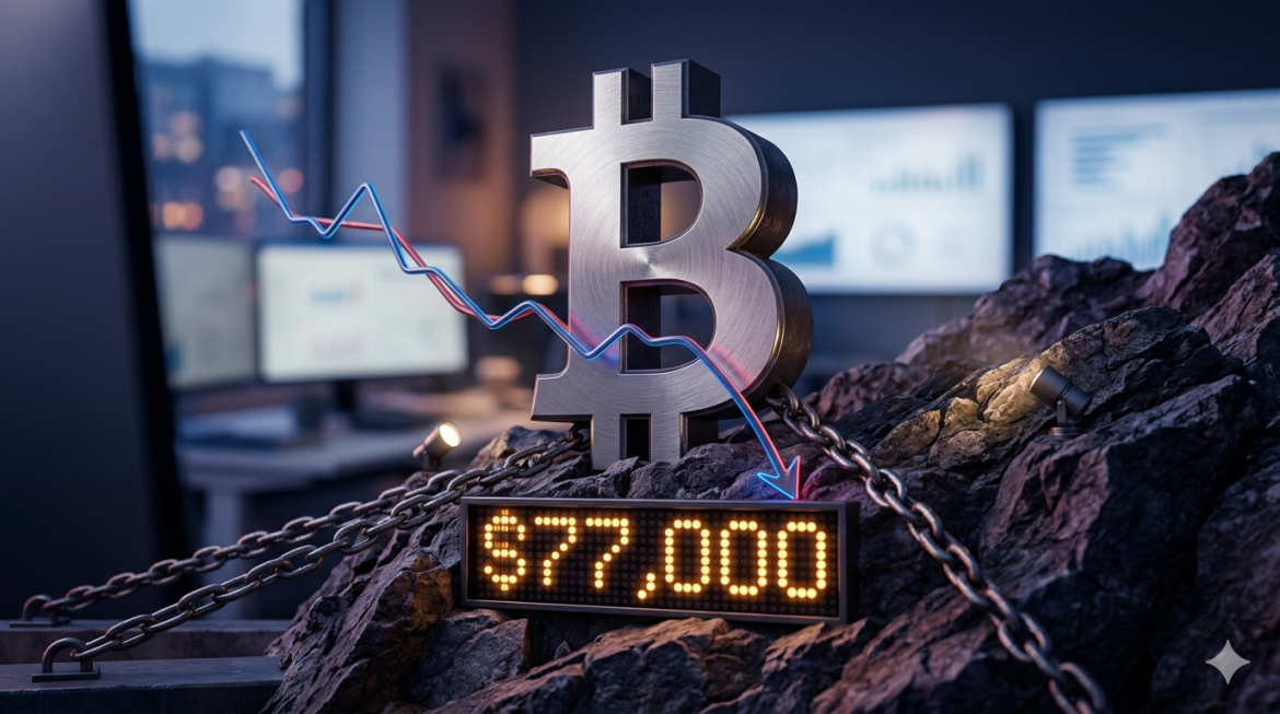 A monumental Bitcoin symbol is anchored onto a rock foundation with a small digital display showing '$77,000'. The background is a soft, blurred office with screens and city lights, mirroring the serious, analytical atmosphere of image_0.png.