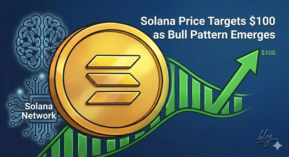 A conceptual illustration against a deep blue background, featuring a polished gold Solana coin, with the left side showing a subtle geometric network and brain motif representing the 'Solana Network'. To the right, a large, sweeping green price chart forms an emerging bullish flag pattern, with a sharp upward breakout arrow pointing to '$100'. The headline text 'Solana Price Targets $100 as Bull Pattern Emerges' is clearly visible in the top-right.