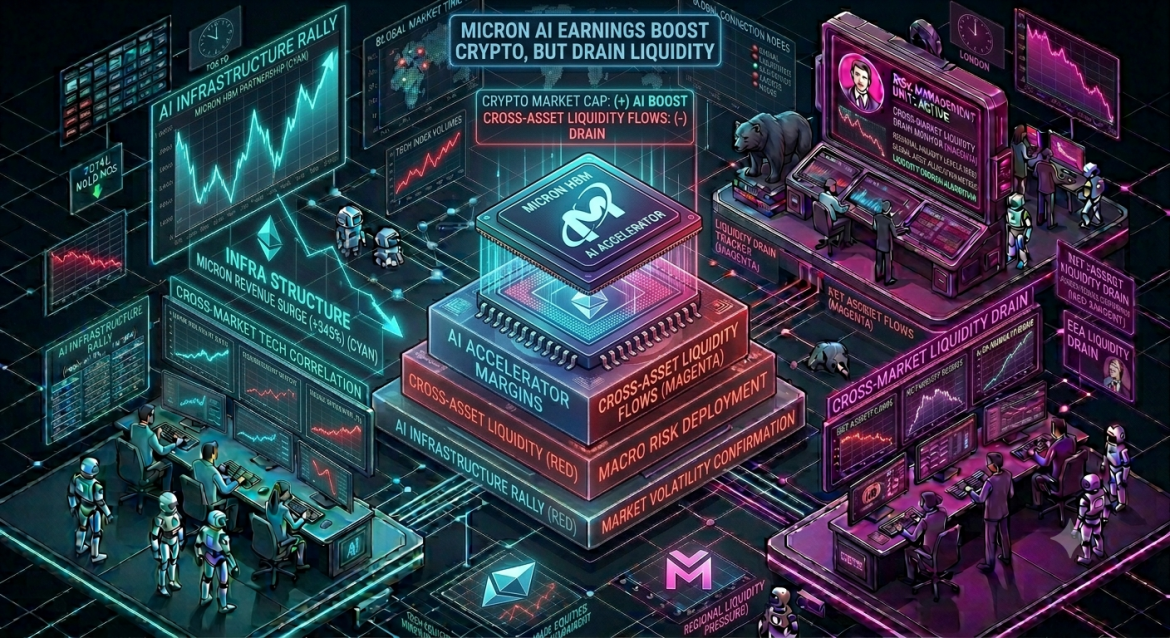 An isometric financial data infographic tracking how tech earnings impact market liquidity, featuring a prominent semiconductor chip core flanked by a cyan AI growth line on the left and a magenta cross-market capital drain dashboard on the right.
