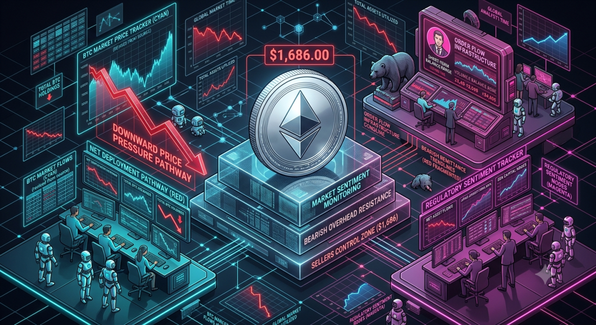 An isometric crypto market analysis infographic showing a central silver Ethereum token surrounded by a sharp downward red trendline labeled 'Downward Price Pressure Pathway.' Cybernetic analyst teams track a cyan price tracker on the left and a magenta order-flow data console on the right.