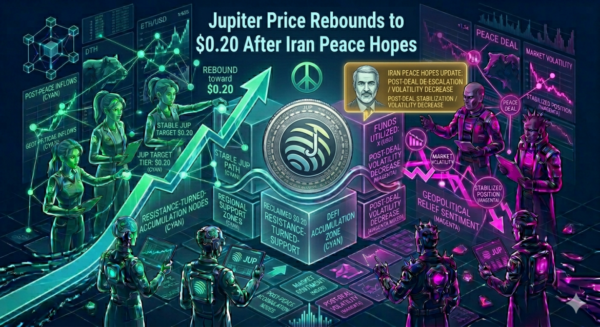 An isometric market infographic featuring the Jupiter JUP token reclaiming its $0.20 support floor beside an Iran Peace Hopes headline panel. Cybernetic analyst teams track a cyan upward rebound arrow and magenta market volatility reduction lines under the main headline text.