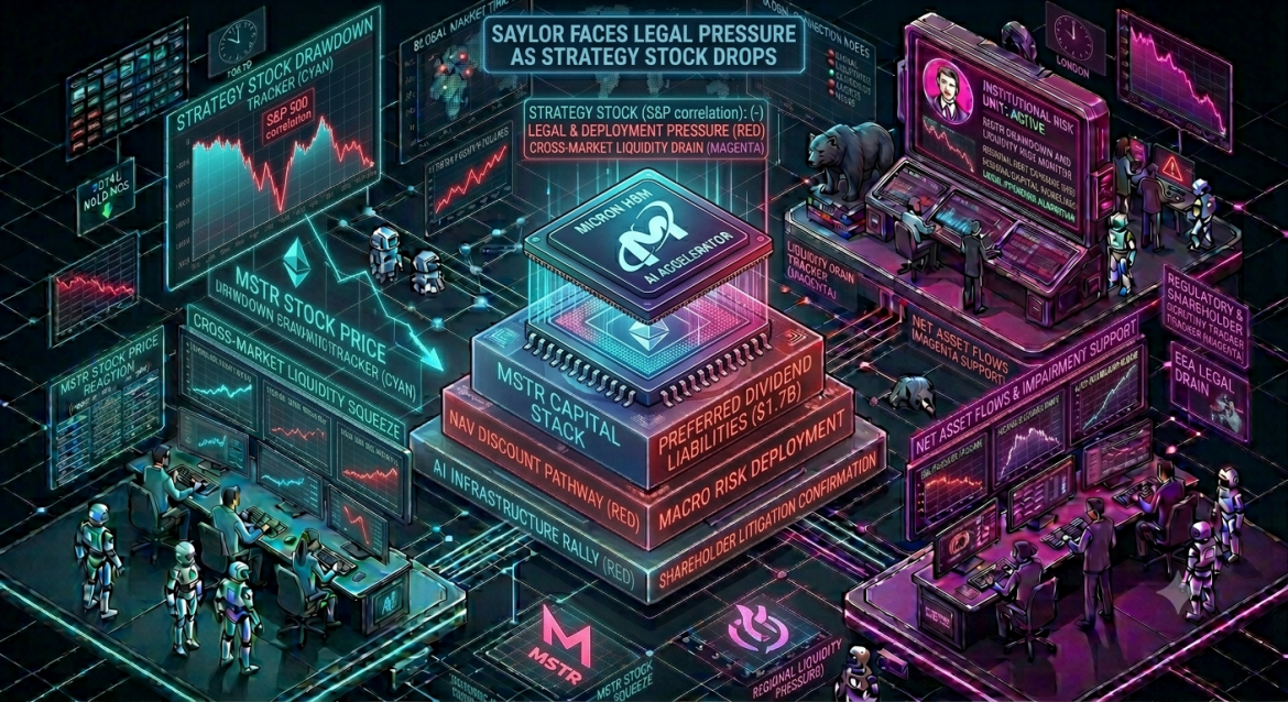 An isometric financial data infographic tracking MicroStrategy's capital structure pressure, featuring a central gold BTC token flanked by a cyan NAV discount monitor on the left and a magenta risk compliance dashboard on the right showing an 80 percent stock drawdown.