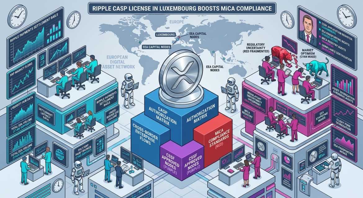 An isometric regulatory compliance infographic featuring a prominent XRP token atop data blocks tracking a Luxembourg CASP license under MiCA. Cybernetic analyst teams monitor a cyan payment settlement line on the left and a magenta asset segregation terminal on the right under a CSSF headline.