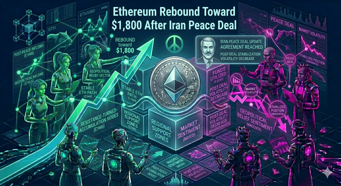 An isometric market infographic featuring a silver Ethereum token on support data blocks beside an Iran Peace Deal update panel. Cybernetic analyst teams track a cyan upward rebound arrow toward $1,800 and magenta market volatility reduction lines under the main headline.