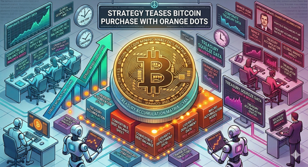 An isometric treasury matrix infographic highlighting a prominent gold Bitcoin coin surrounded by glowing orange data dots on its base. Cybernetic analyst teams track a cyan dot scatter path arrow on the left and magenta balance sheet metrics on the right under a corporate strategy headline.