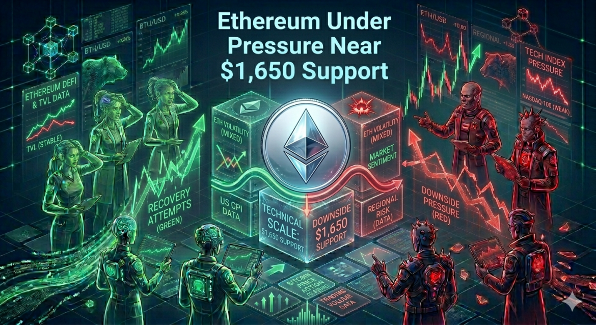 A dark isometric market infographic displaying a prominent silver Ethereum symbol resting on a data cube designated as $1,650 support. Red and green holographic analyst teams watch opposing market trajectory arrows under headline text.