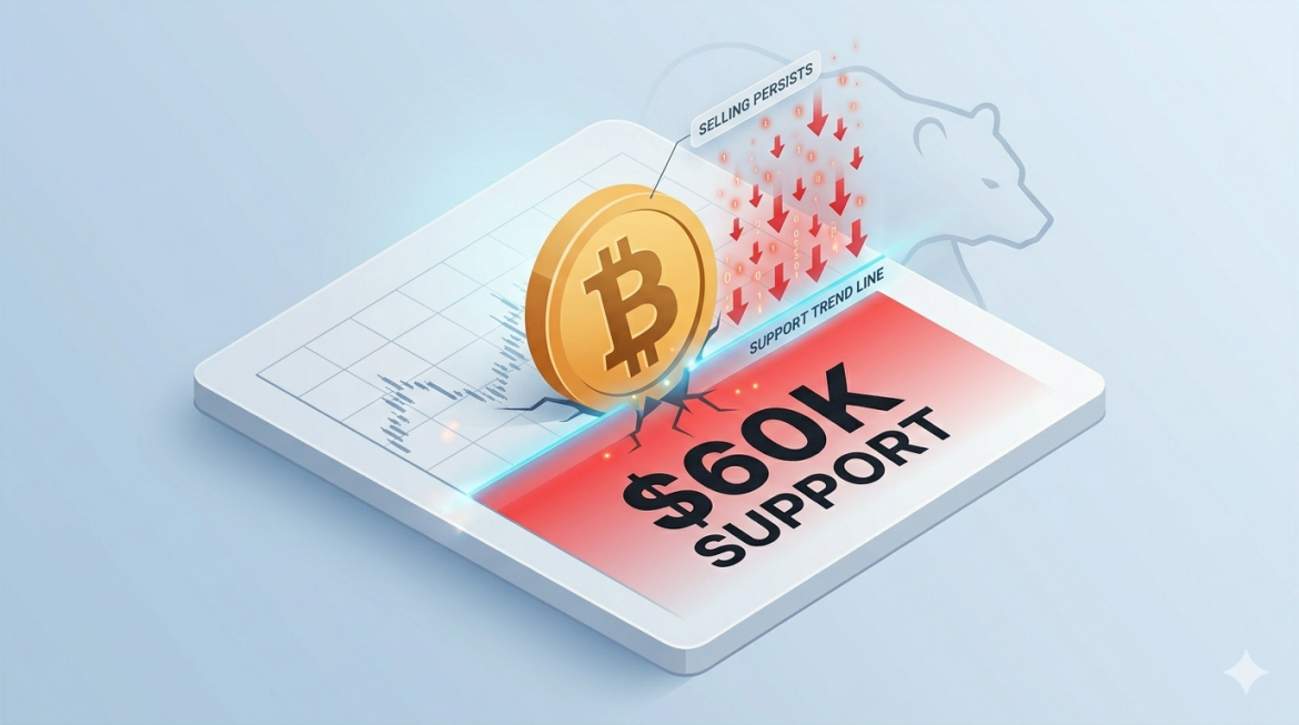 A 3D isometric illustration showing the Bitcoin symbol breaking through a $60K support line, with red arrows labeled "SELLING PERSISTS" and a bear outline in the background, visualizing a market crash.