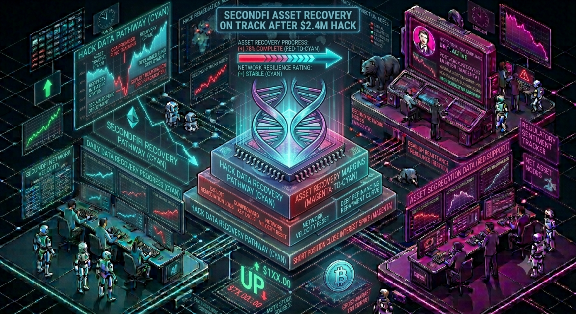 An isometric financial and network data infographic tracking the post-hack recovery for the SecondFi platform, featuring a central DNA double-helix icon flanked by a cyan data recovery pathway monitor on the left and a magenta institutional risk dashboard on the right showing a network pressure warning and a price display above $100. Cybernetic analyst teams track a cascading cyan trendline labeled 'Hack Data Recovery Pathway.'