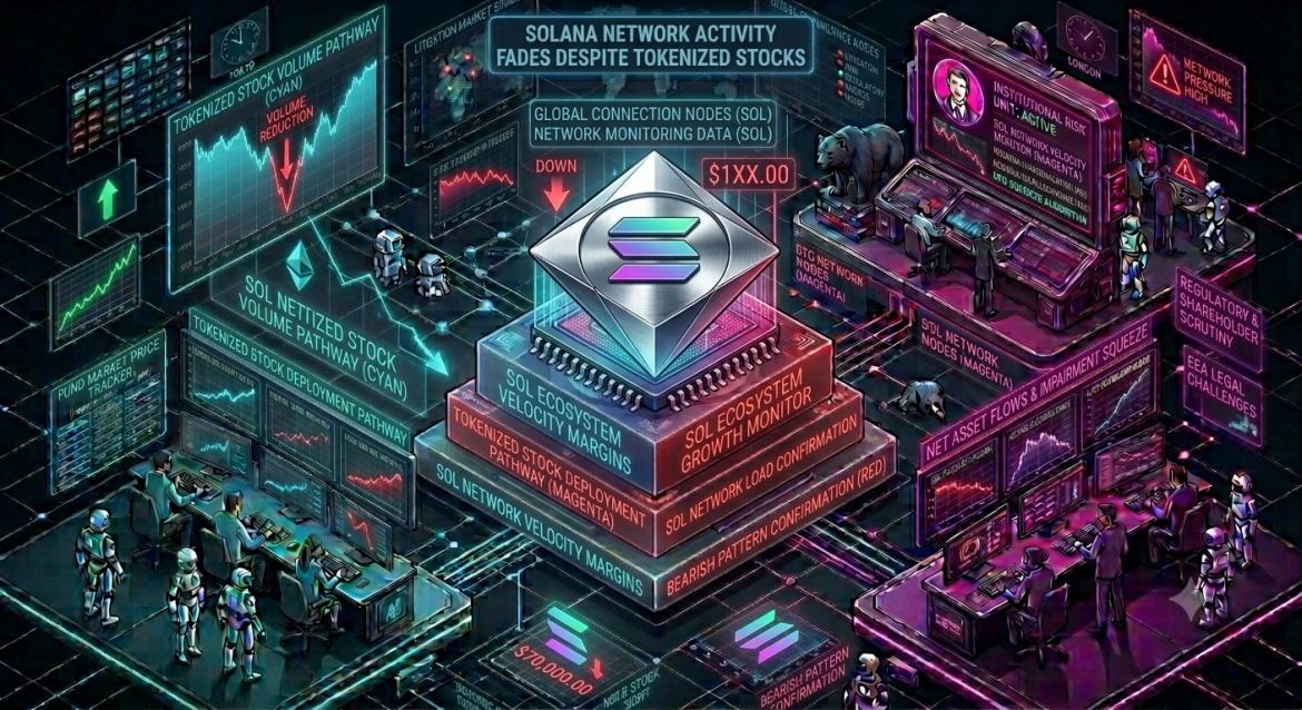 An isometric financial market data infographic tracking the Solana ecosystem, featuring a central silver SOL token flanked by a cyan network velocity monitor on the left and a magenta risk compliance dashboard on the right showing a network pressure warning and a price display below $200. Cybernetic analyst teams track a cascading red trendline labeled 'Tokenized Stock Volume Pathway.'