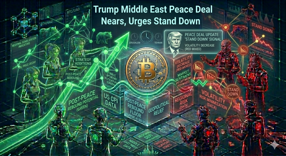 An isometric trading infographic featuring a prominent gold Bitcoin coin resting on data cubes alongside a diplomatic peace deal notification panel. Teams of green and red digital analysts track market and volatility trajectories under the main headline.