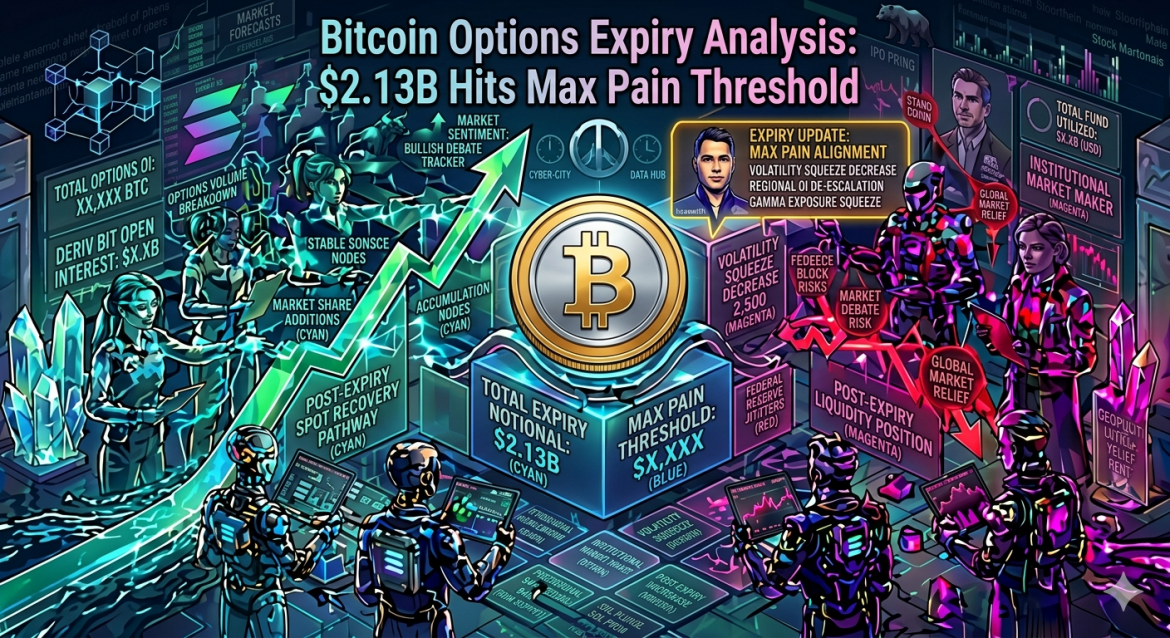 An isometric crypto derivatives infographic displaying a gold and silver Bitcoin coin on $2.13B expiry data blocks. Holographic data analysts track a cyan post-expiry spot recovery arrow on the left and magenta liquidity lines on the right below the main headline.