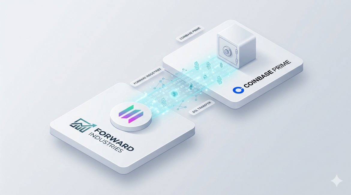 An illustration of Solana (SOL) cryptocurrency transferring from a generic "Forward Industries" platform to a "Coinbase Prime" institutional platform.
