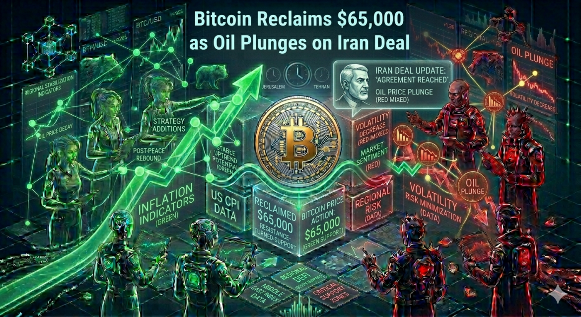 An isometric market infographic showcasing a gold Bitcoin coin reclaiming its $65,000 support floor beside an Iran Deal headline and an oil plunge chart. Green and red digital analyst teams track diverging market metrics under headline text.