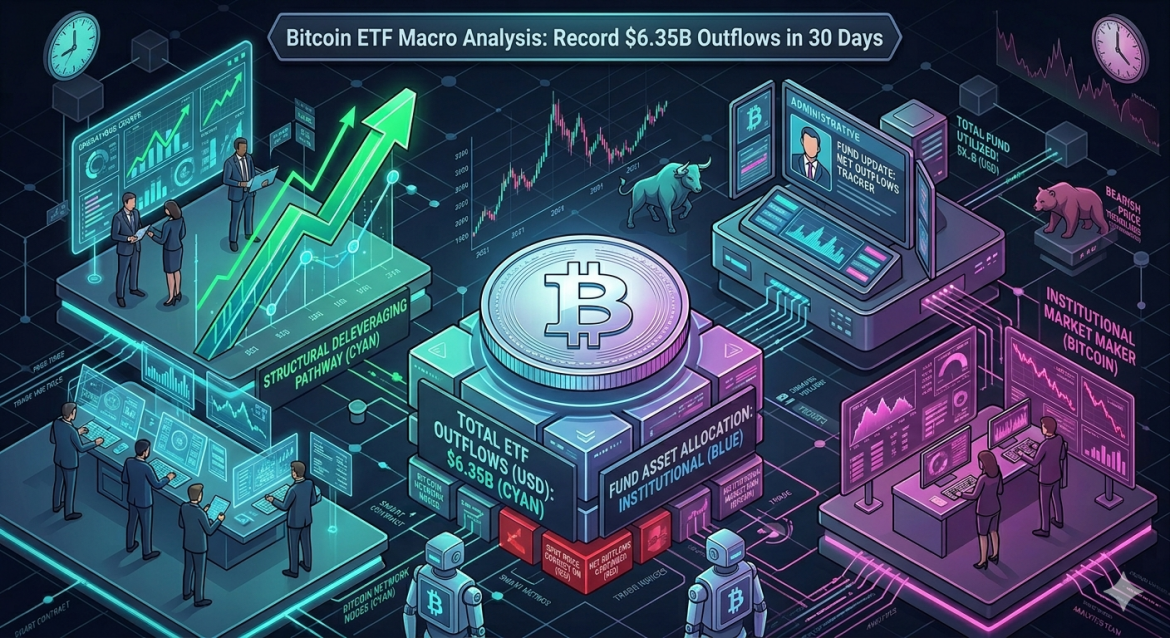 An isometric crypto fund flow chart showing a silver Bitcoin token atop data blocks tracking a record $6.35B in ETF outflows. Cybernetic analyst teams track a cyan structural deleveraging pathway on the left and a magenta institutional market maker terminal on the right.