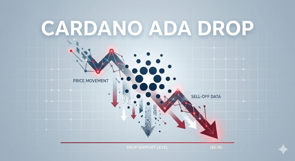 A minimalist cryptocurrency chart illustration titled 'Cardano ADA Drop', showing a downward jagged price trajectory for the Cardano logo, labeled 'Price Movement' and 'Sell-off Data', ending at a '$0.16' support level red line.