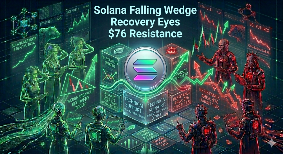 A dark isometric crypto market infographic featuring a prominent Solana token symbol on a central technical support cube. Teams of green and red digital analysts monitor breakout and resistance price vectors under headline text.