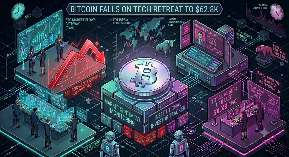 An isometric crypto market analysis infographic showing a central Bitcoin token amidst a sharp downward red trendline labeled 'Tech Retreat Deleveraging Pathway.' Cybernetic analyst teams monitor a market price tracker on the left and a magenta regulatory sentiment terminal on the right.