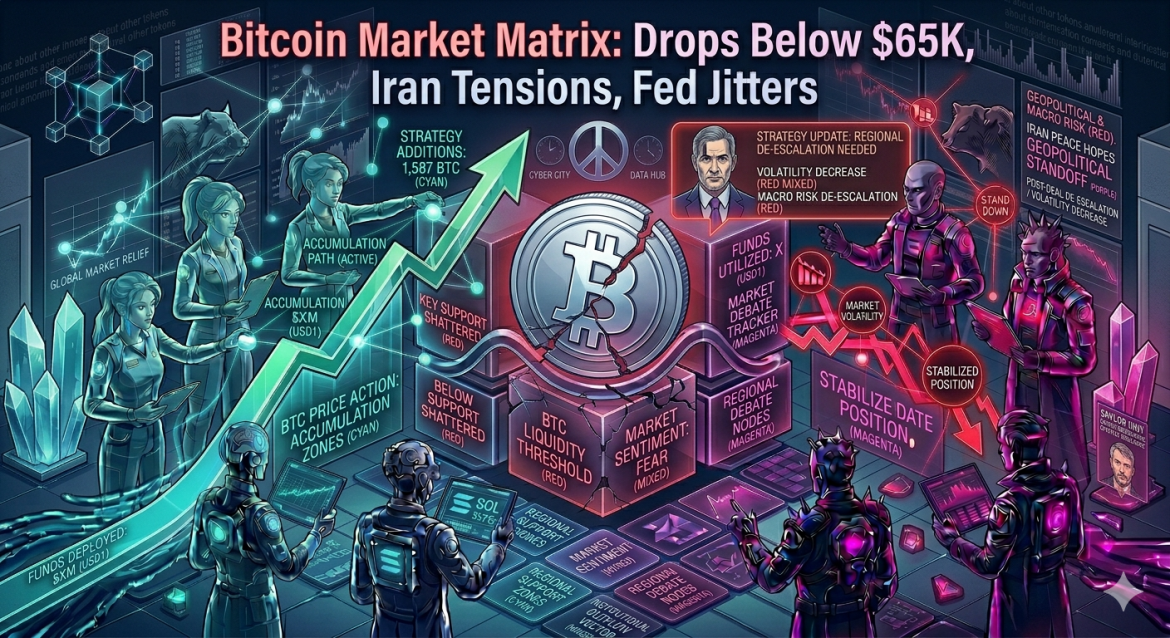 An isometric cryptocurrency trading infographic displaying a cracked silver Bitcoin coin over blocks reading "MARKET SENTIMENT: FEAR" below a $65K price drop headline. Cybernetic analytics teams monitor a green accumulation arrow on the left and magenta downward risk lines on the right.