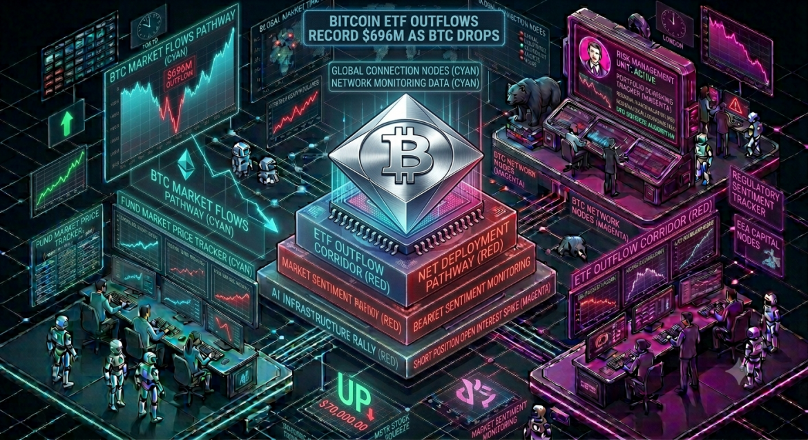An isometric financial market data infographic tracking a Bitcoin market correction, featuring a central silver BTC token surrounded by a sharp cascading red trendline labeled 'BTC Market Flows Pathway (Cyan).' Cybernetic analyst teams track a cyan market price dashboard on the left and a magenta institutional allocation monitor on the right under a global connection network grid.