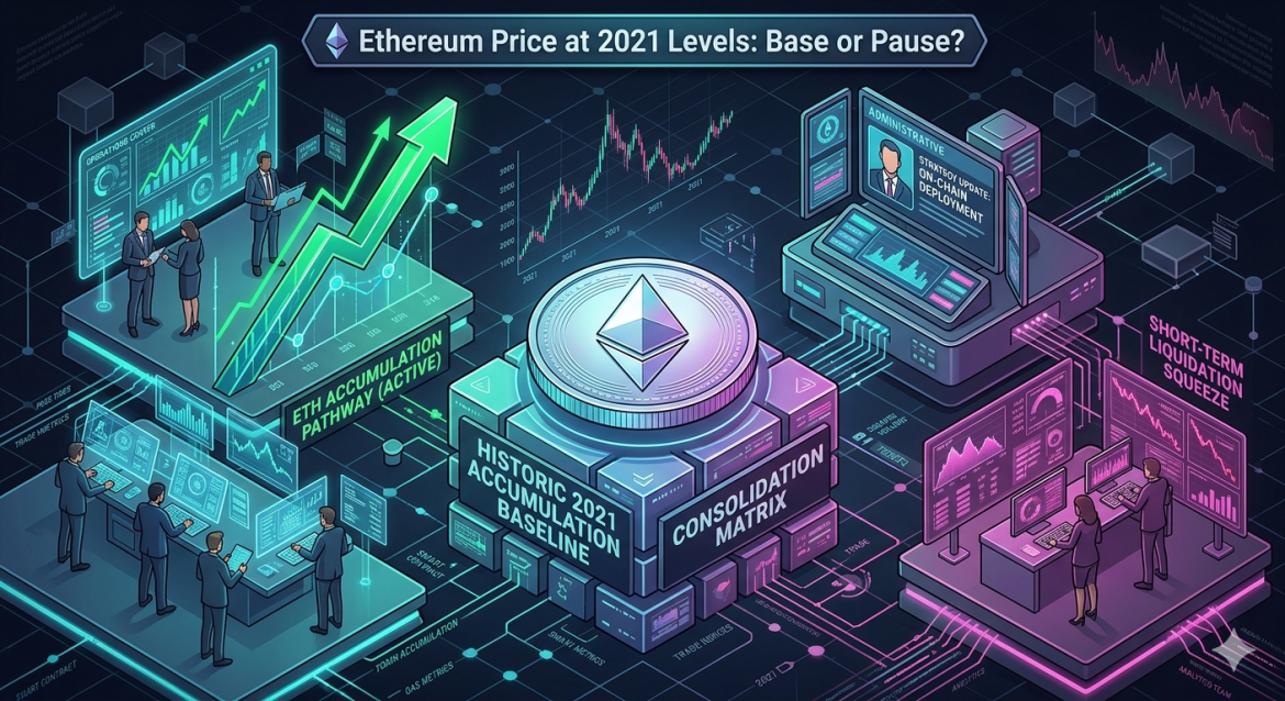 An isometric cryptocurrency market structure infographic showing a central Ethereum token on macro 2021 support blocks. Cybernetic analyst teams monitor a cyan accumulation pathway arrow on the left and magenta short-term liquidation metrics on the right.