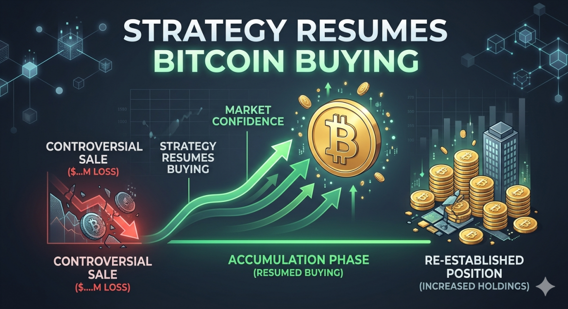 An infographic titled 'Strategy Resumes Bitcoin Buying' showing a red downward arrow for a controversial sale transitioning into a rising green market confidence arrow that leads to stacks of gold Bitcoins, illustrating a corporate accumulation phase.