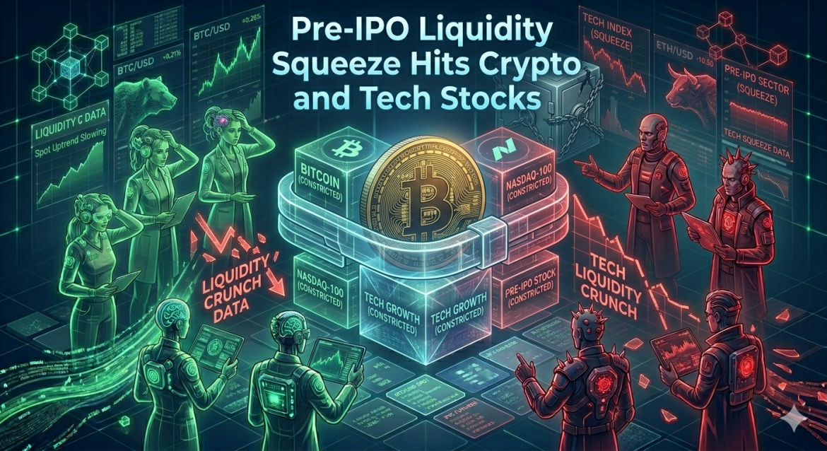 A stylized crypto and tech market diagram with a massive clamp locking a Bitcoin and Nasdaq data blocks, showing distinct teams of green (Crypto) and red (Tech) analysts reacting with alarm to crashing data labeled "LIQUIDITY SQUEEZE" and "CRUNCH DATA."