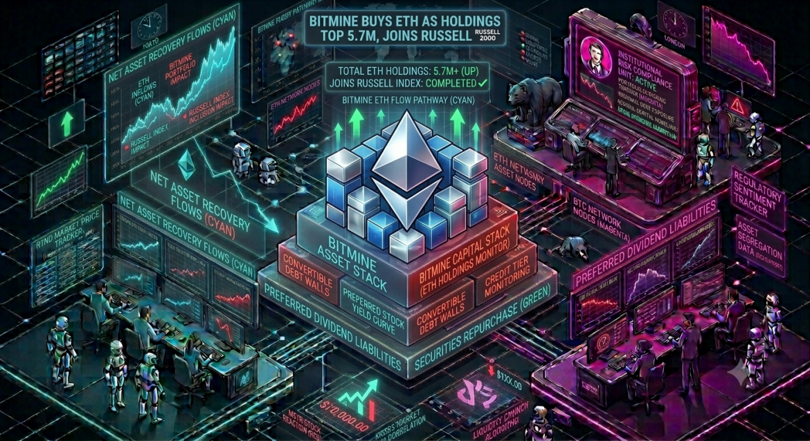 A sophisticated 3D isometric financial command center infographic visualizing the Bitmine (BITM) capital stack, its massive Ethereum (ETH) treasury, and the market impact of its inclusion in the Russell 2000 index, split between a cyan network velocity monitor on the left and a magenta risk compliance dashboard on the right showing a network pressure warning and a price display above $100. Cybernetic analyst teams track a cascading cyan trendline labeled 'Hack Data Recovery Pathway.'