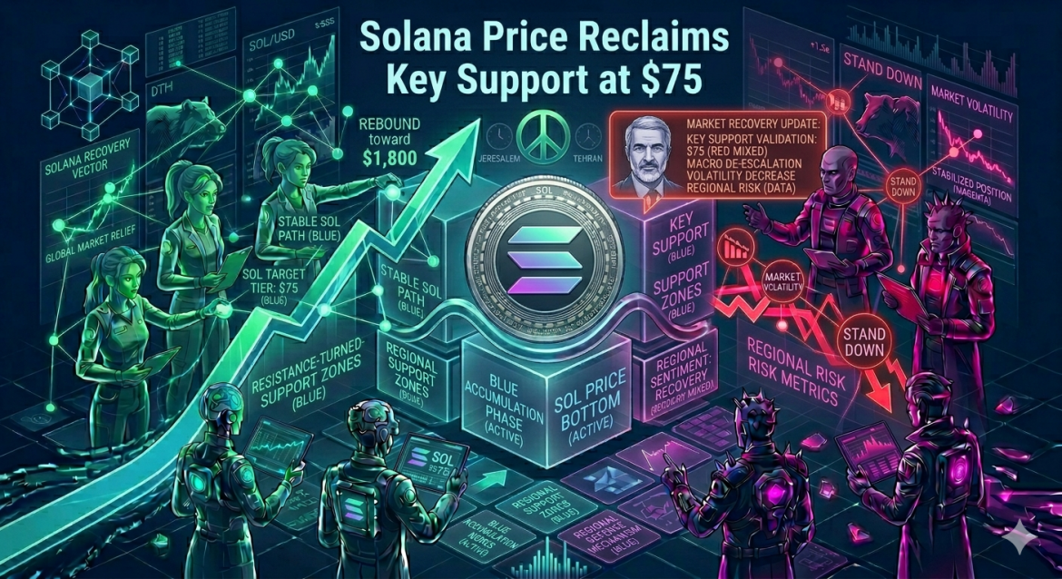 An isometric technical chart infographic displaying a silver Solana token on a $75 baseline data cube, surrounded by green and magenta digital analyst teams tracking recovery vectors and risk metrics under a global signals headline.