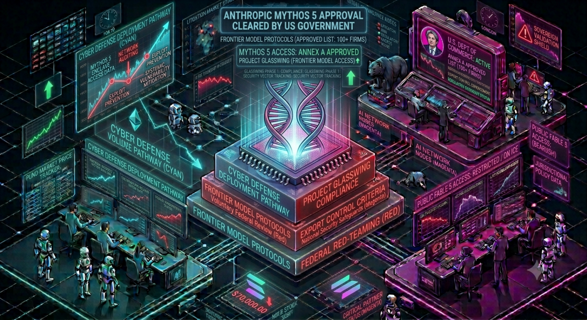An isometric financial and regulatory data infographic tracking Anthropic's Mythos 5 clearance, featuring a central glowing AI core flanked by a cyan critical infrastructure deployment graph on the left and a magenta government oversight dashboard on the right showing a selective partner list.