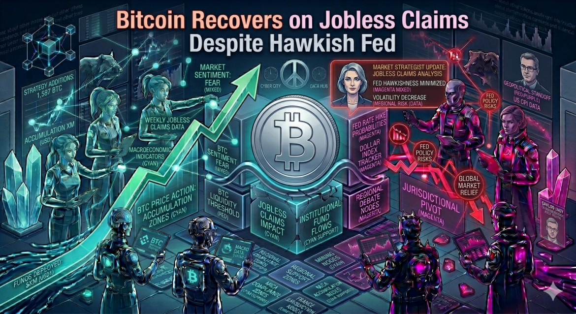 An isometric financial infographic featuring a silver Bitcoin token on jobless claims data blocks beside a Federal Reserve policy update panel. Cybernetic analyst teams track a cyan upward recovery arrow on the left and magenta policy risk lines on the right under the main headline.