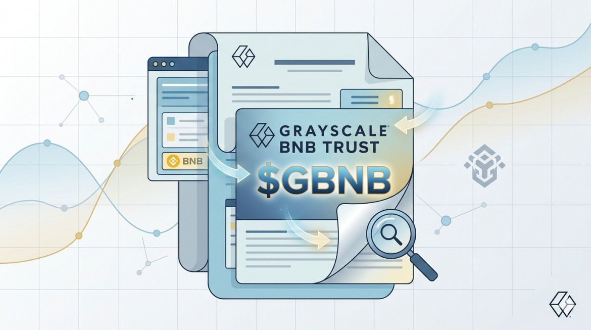 A clean illustration showing an official Grayscale BNB filing, where a section is revealed through a magnifying glass to display the bold ticker symbol "$GBNB". The background features blue and gold data nodes and the BNB Chain logo.