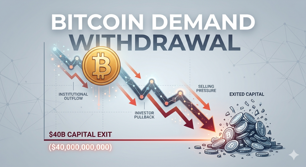A stylized cryptocurrency infographic chart titled 'BITCOIN DEMAND WITHDRAWAL' with a falling Bitcoin symbol, cascading red arrows, and labels like 'INSTITUTIONAL OUTFLOW' and 'SELLING PRESSURE' leading to a pile of crumbling coins labeled 'EXITED CAPITAL' above a '$40B CAPITAL EXIT' red support line.